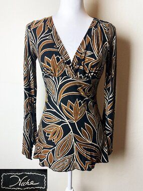 Niche Vintage Boho Abstract Floral V-Neck Long Sleeve Blouse Top | Size M